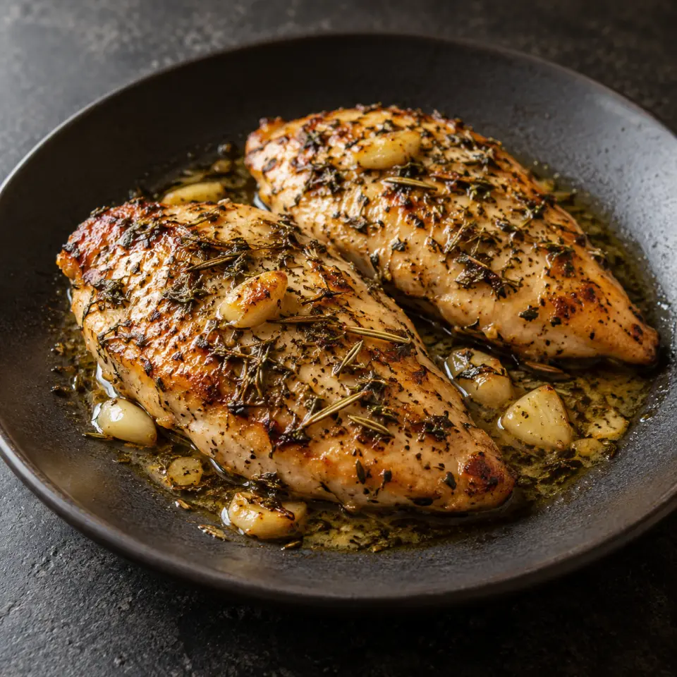 Chicken Rosemary Thyme on a plate on a dark stone table, made with fillets, garlic, butter - salted, leaves.