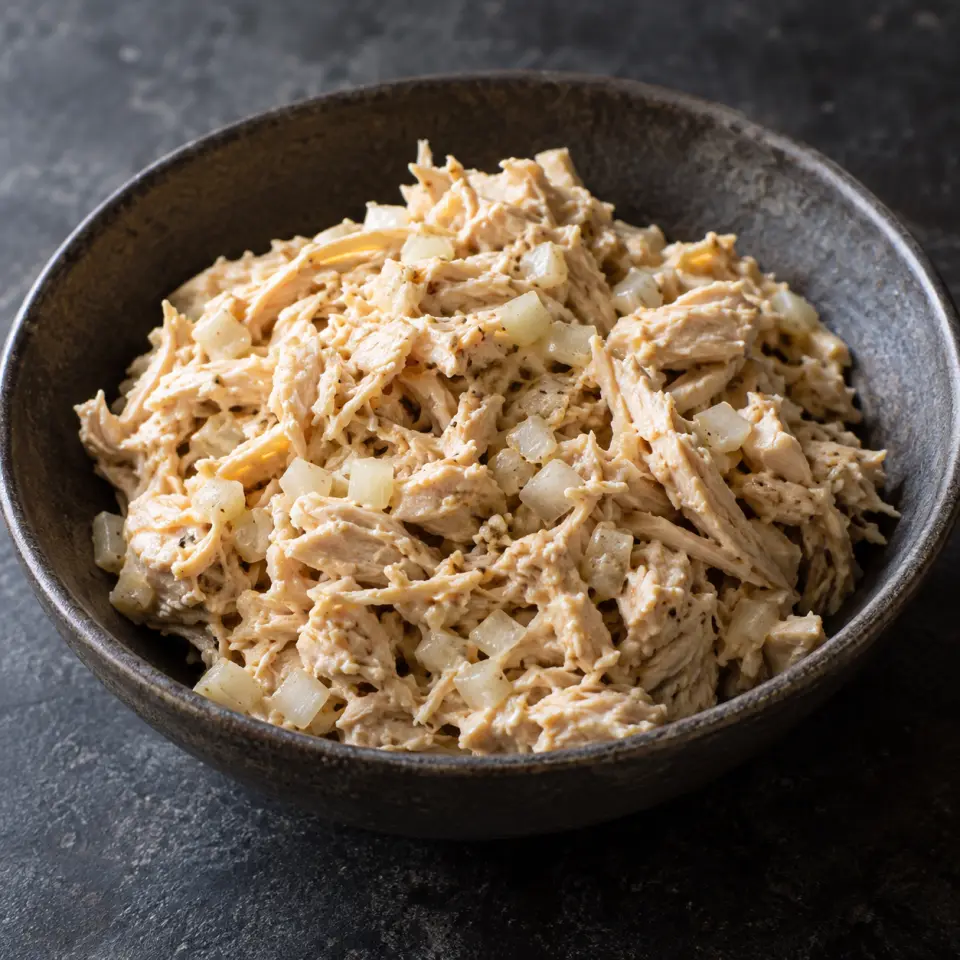 Chicken Sandwich Filling on a plate on a dark stone table, made with chicken breast, skinless, mayonnaise, white onion.
