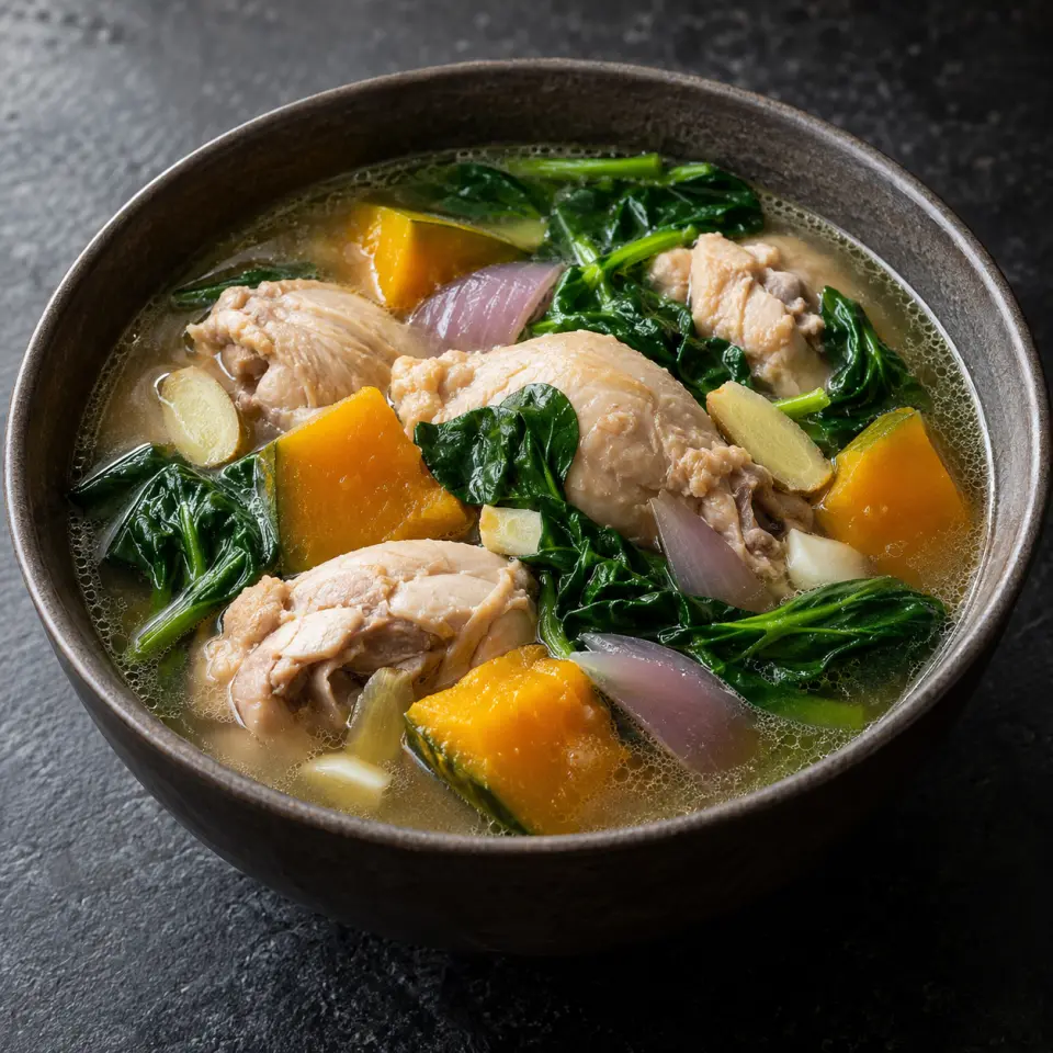 Chicken Squash Spinach Tinola Soup in a bowl on a dark stone table, made with chicken, spinach, pumpkin, red onion.