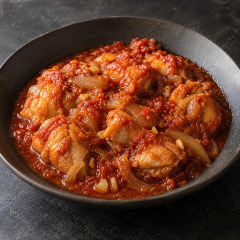 Chicken Tomato on a plate on a dark stone table, made with thigh boneless, onion, tomato puree, garlic.