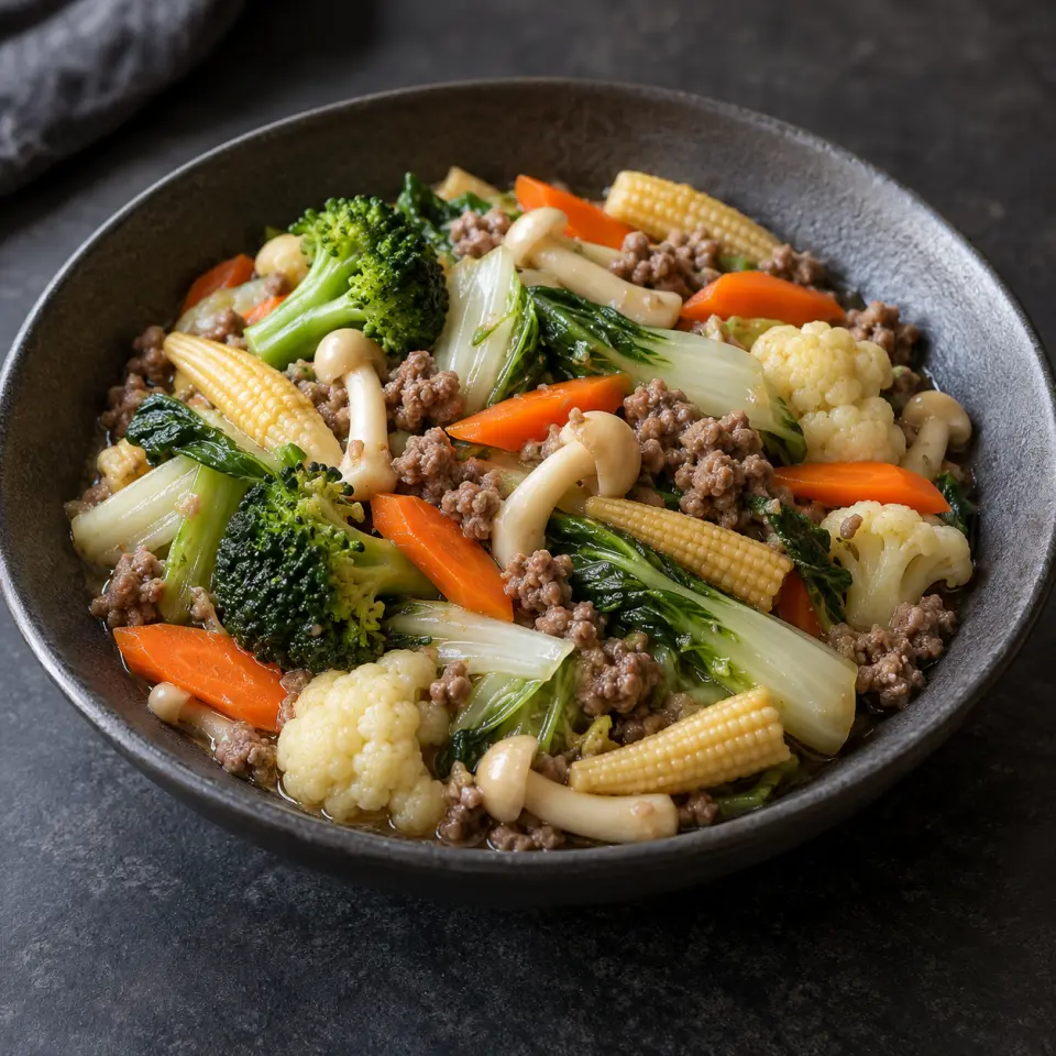 Chopseuy on a plate on a dark stone table, made with broccoli, white beech mushrooms, young corn, chinese cabbage - pak-choi.