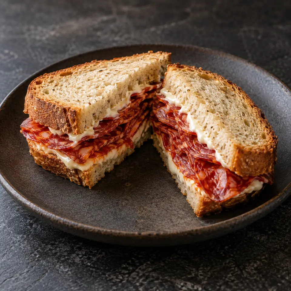 Chorizo Sandwich on a plate on a dark stone table, made with keto friendly bread, kewpie mayo, iberico.