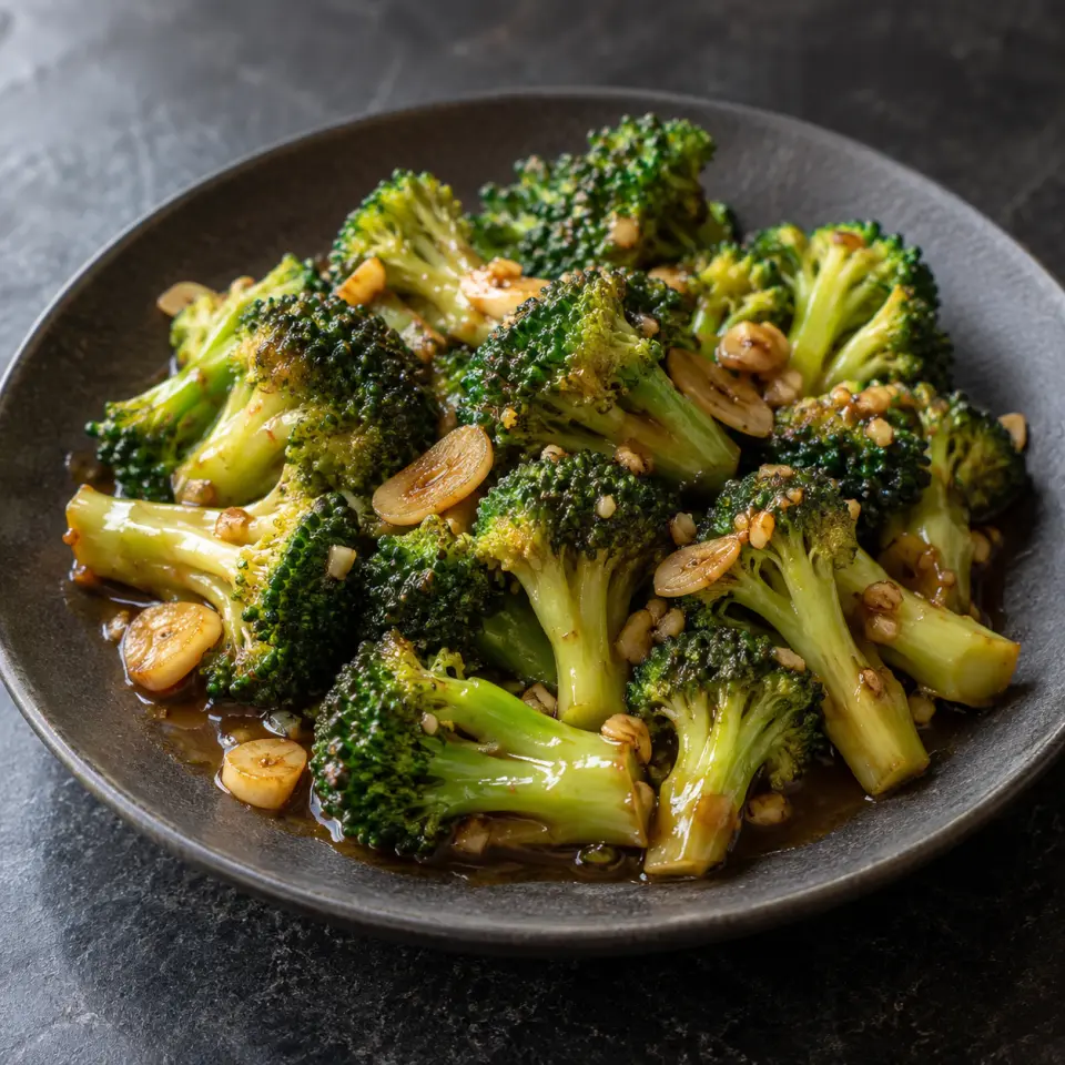 Coconut Amino Garlic Broccoli on a plate on a dark stone table, made with broccoli, coconut aminos, garlic.