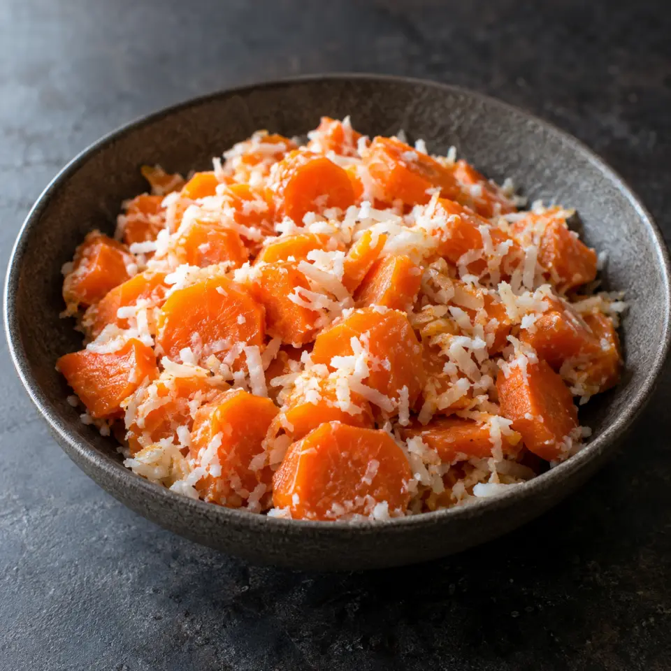 Coconut Carrots on a plate on a dark stone table, made with carrots, coconut.