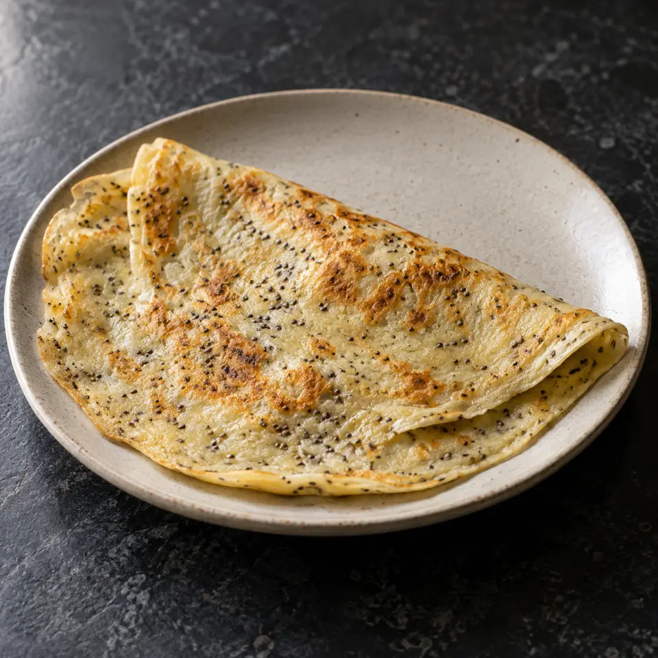 Coconut Tapioca Tortilla on a plate on a dark stone table, made with almond milk, finely ground tapioca flour, egg, organic chia seeds.
