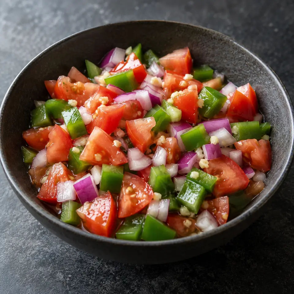 Colorful Ensalada in a wide bowl on a dark stone table, made with garlic, tomatoes, capsicum - green, lemon juice.