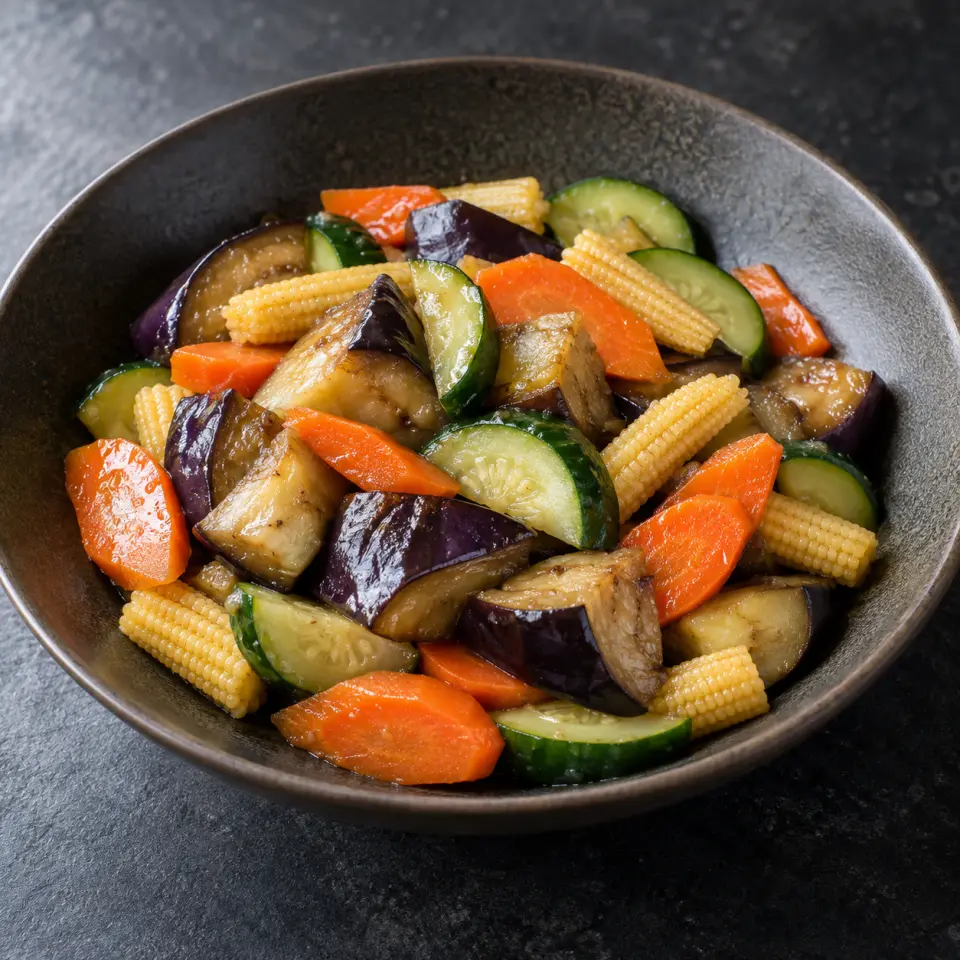 Colorful Mixed Vegetables on a plate on a dark stone table, made with egg plant, carrots, baby corn, cucumber.