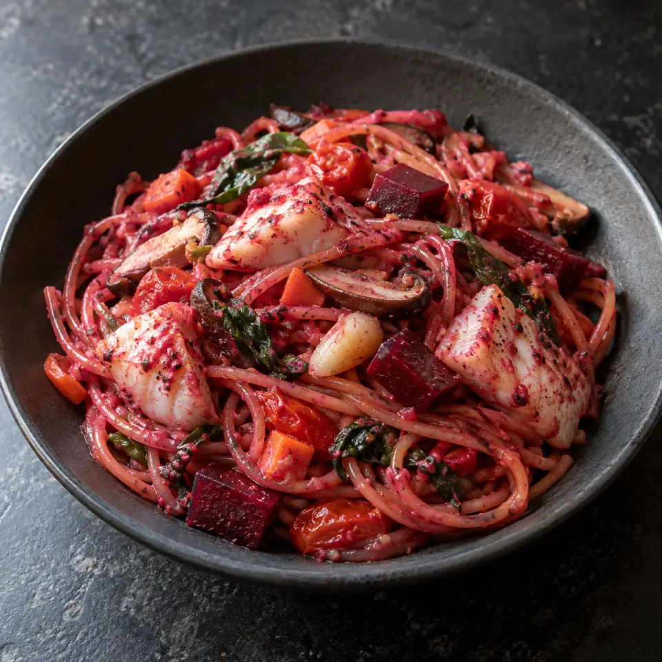 Cream Dory Beet Pesto Pasta in a bowl on a dark stone table, made with clove, tomatoes, cream dory, beets.