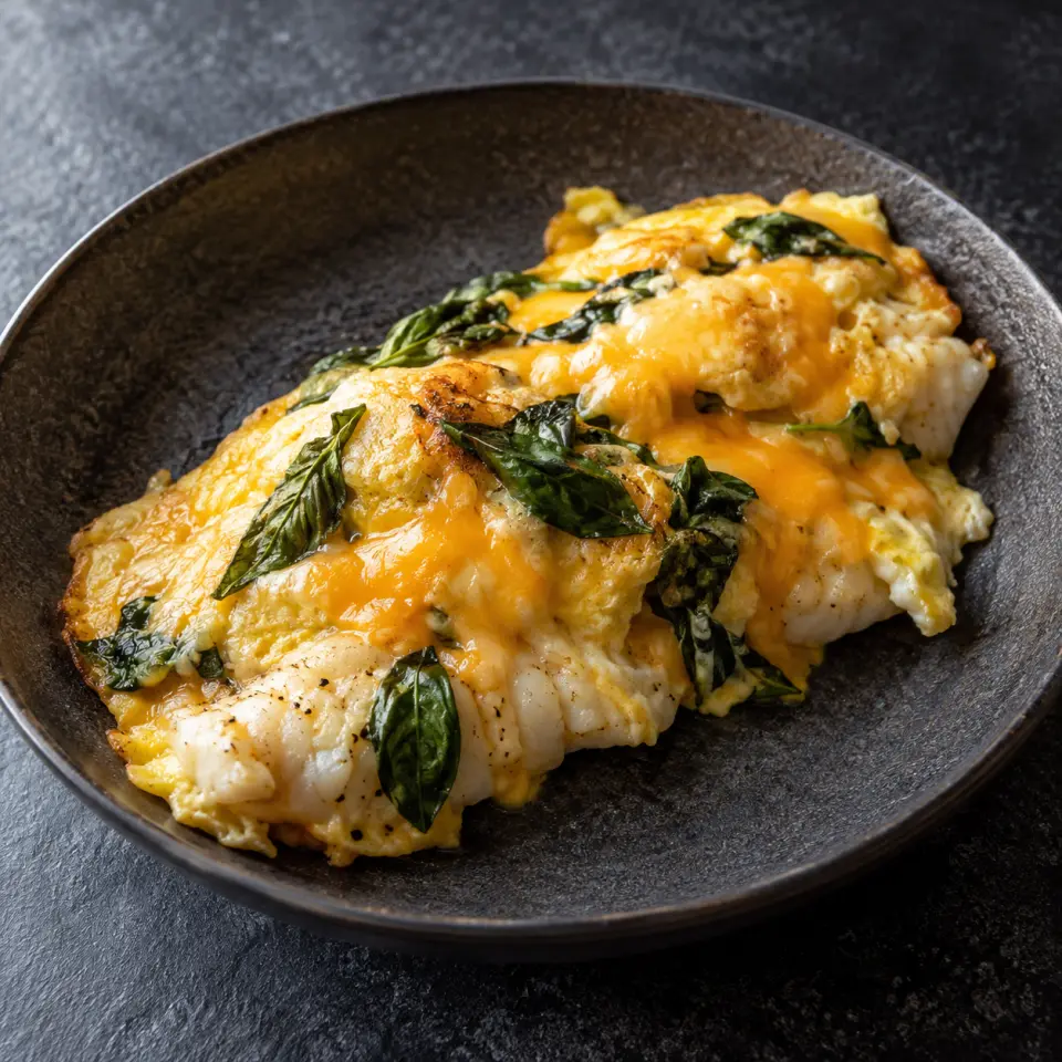 Cream Dory Bellpepper Basil on a plate on a dark stone table, made with pangasius fillet, egg, sharp cheddar cheese, basil leaves.