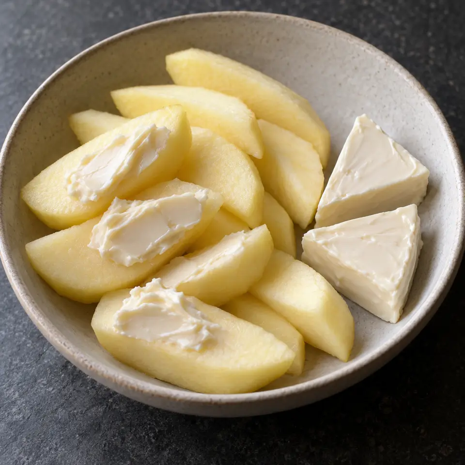 Creamy Cheese Apple on a plate on a dark stone table, made with peeled, laughing cow cheese wedges.