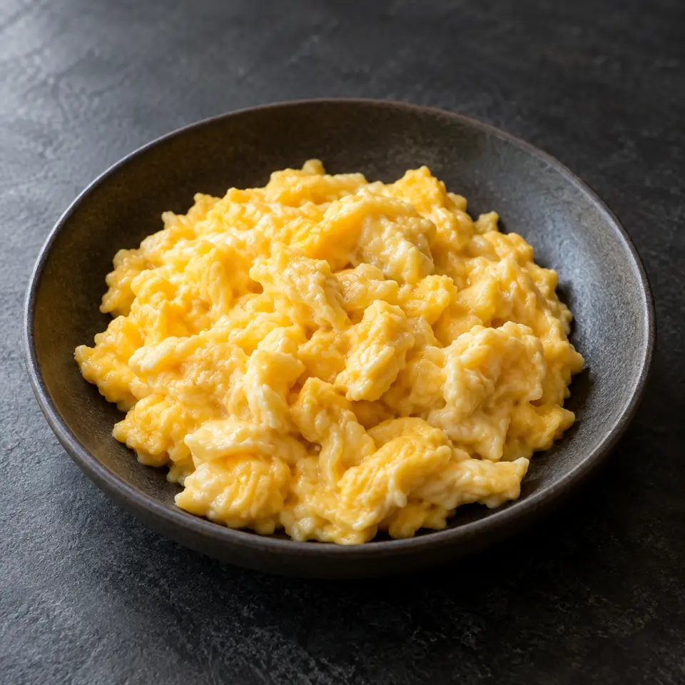 Creamy Egg Bellpepper Sesame on a plate on a dark stone table, made with egg.