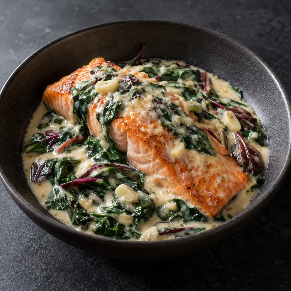 Creamy Parmesan Garlic Salmon on a plate on a dark stone table, made with sterilized full cream milk, salmon fillets, red spinach, original.