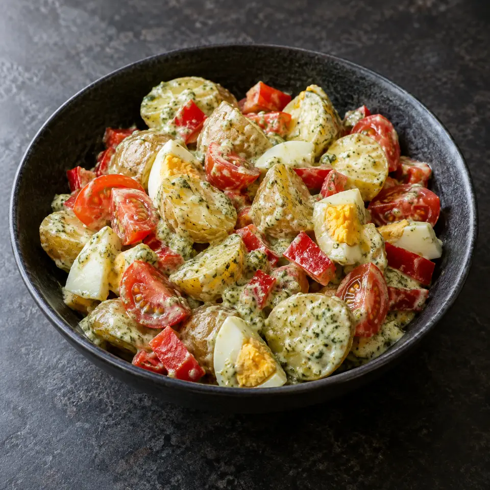 Creamy Pesto Potato Salad in a wide bowl on a dark stone table, made with baby potatoes, egg, tomatoes, capsicum.