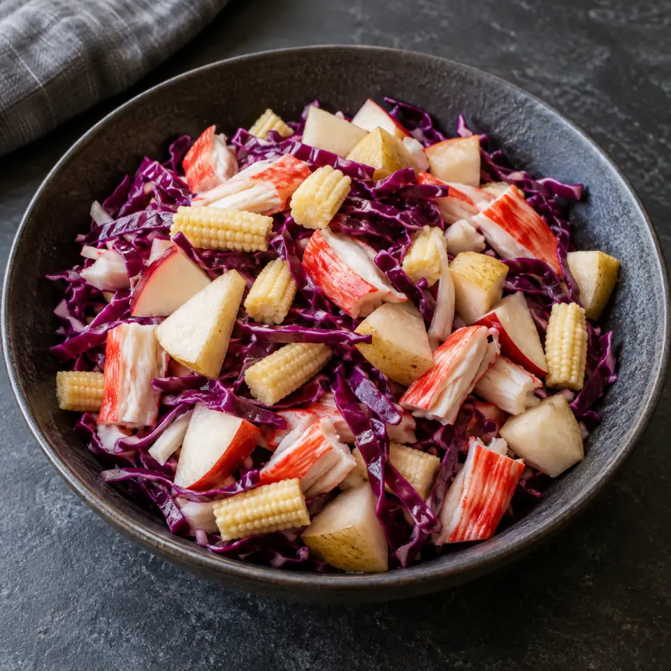 Crunchy Seafood Red Salad in a wide bowl on a dark stone table, made with ichiban alaskan crab flavored, chopped, cabbage, red.
