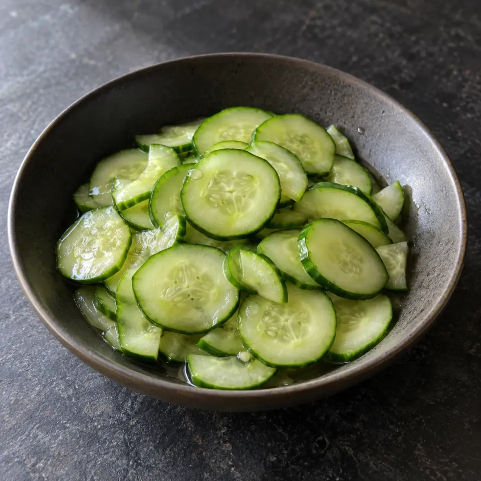 Cucumber Ensalada in a wide bowl on a dark stone table, made with cucumber.