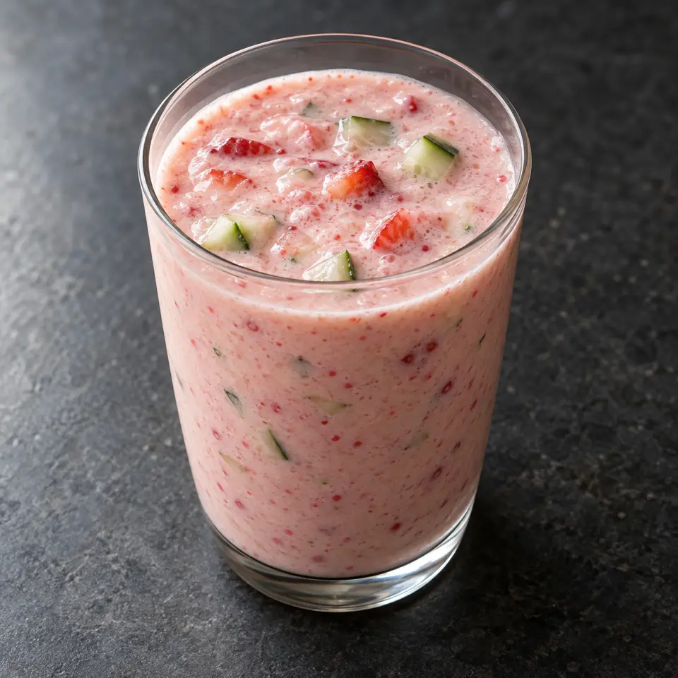 Cucumber Strawberry Yogurt Shake in a glass on a dark stone table, made with strawberry, cucumber, soy milk, greek yogurt.