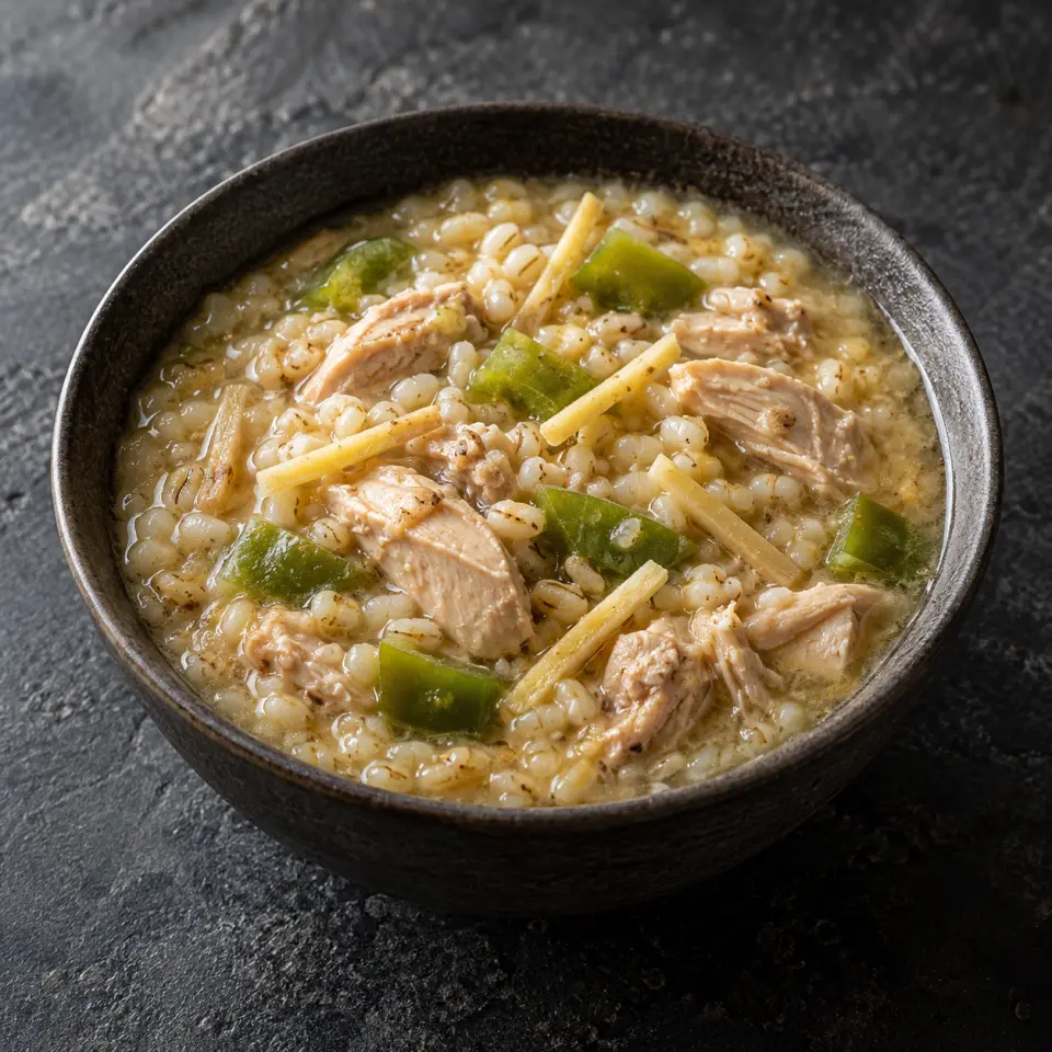 Dried Chicken Arrozcaldo in a bowl on a dark stone table, made with chicken thigh skinless boneless, adlai rice, capsicum - green, spices.