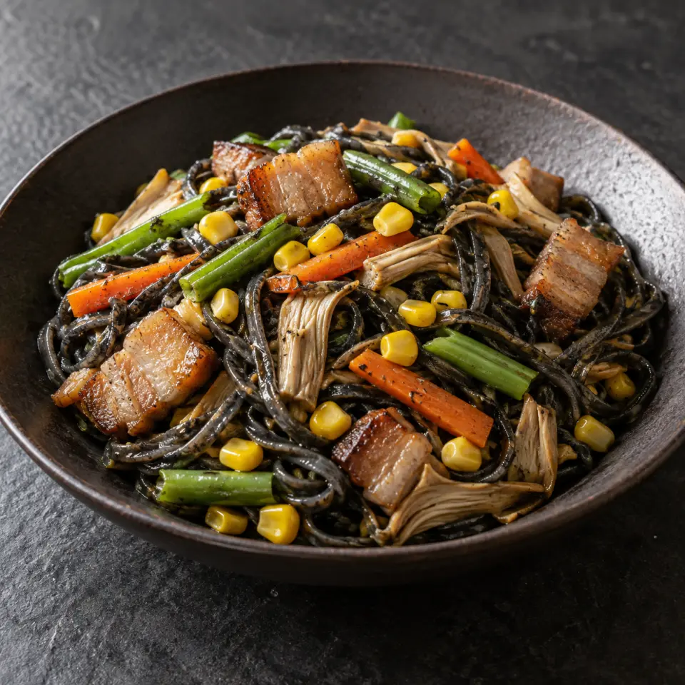 Edamame Pasta Meal in a bowl on a dark stone table, made with beans, snap, green, banana blossom.