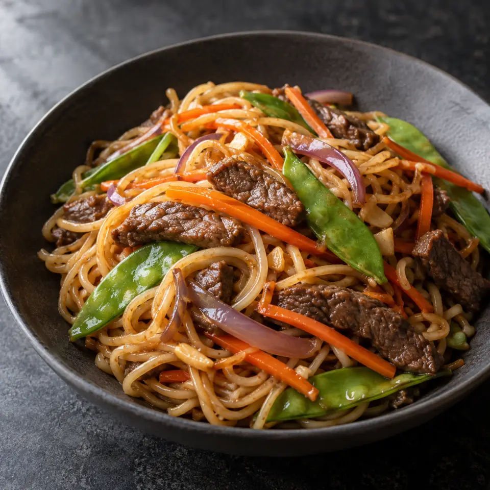 Edamame Sesame Pancit in a bowl on a dark stone table, made with sirloin strips, pasta, carrots, chicharos.