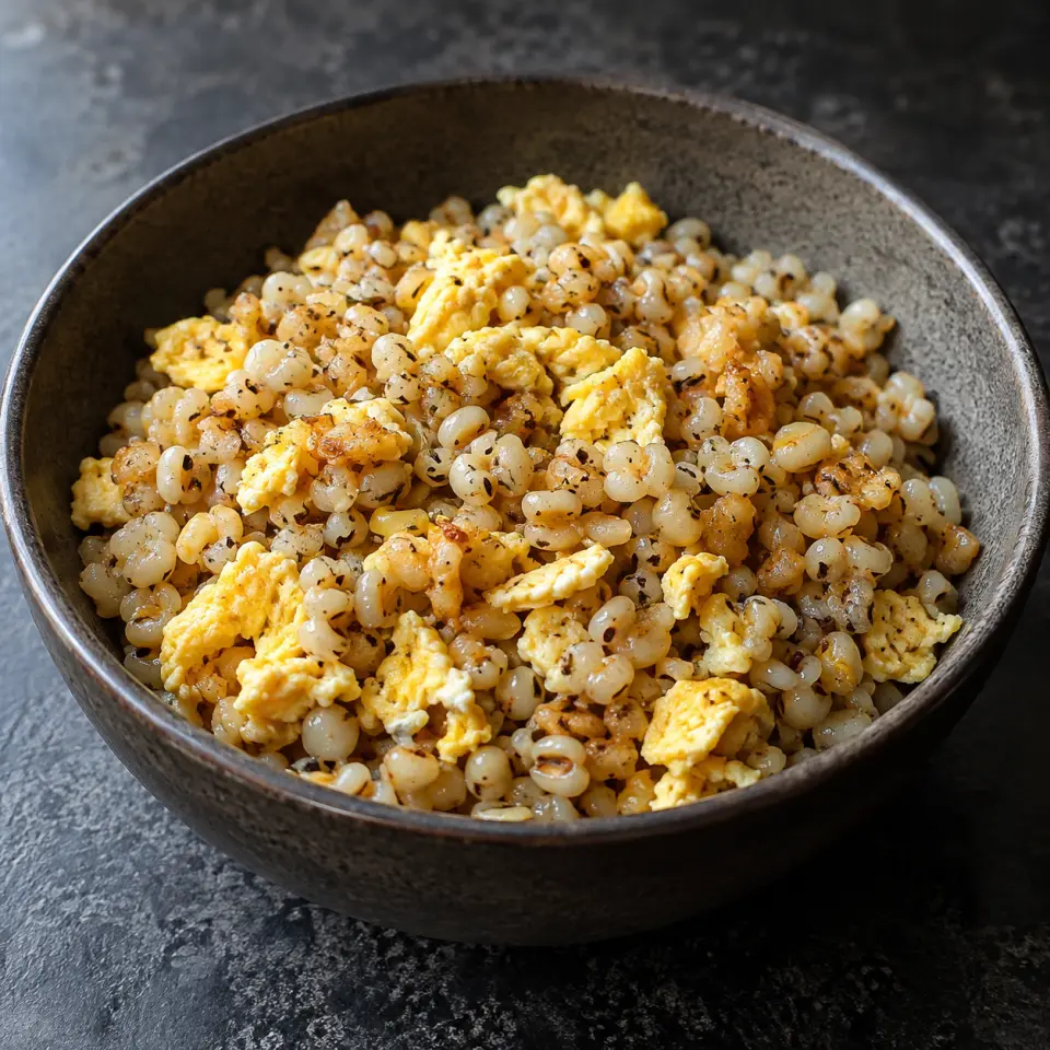 Egg Garlic Adlai Fried Rice in a bowl on a dark stone table, made with egg, adlai rice, garlic, spices.