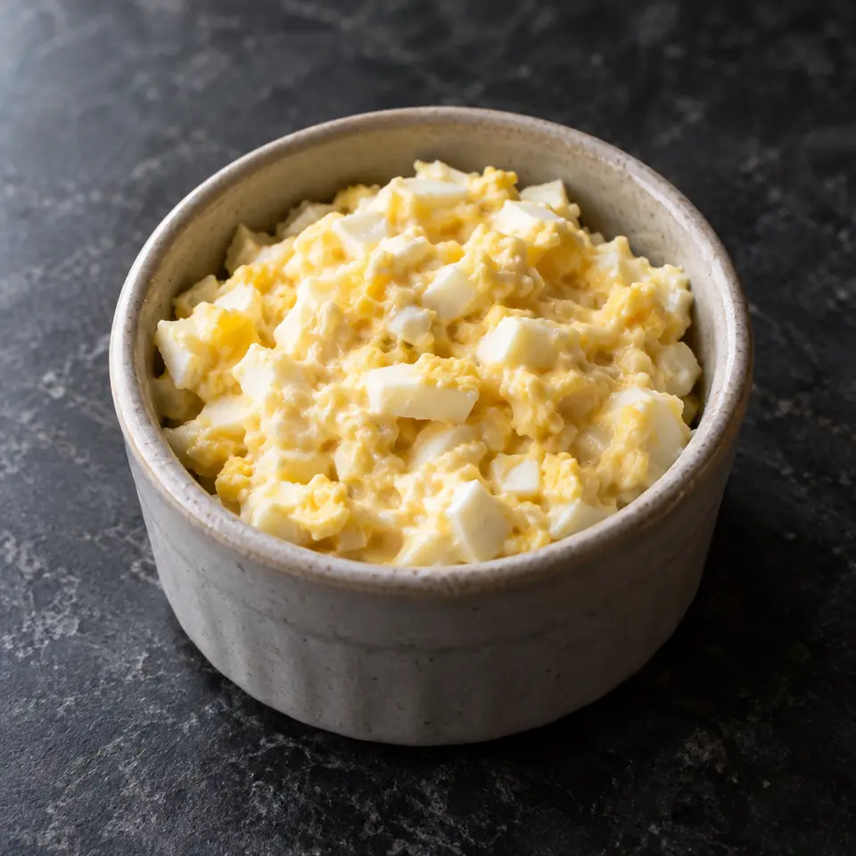 Egg Garlic Spread in a small jar on a dark stone table, made with egg, greek yogurt, plain, nonfat.