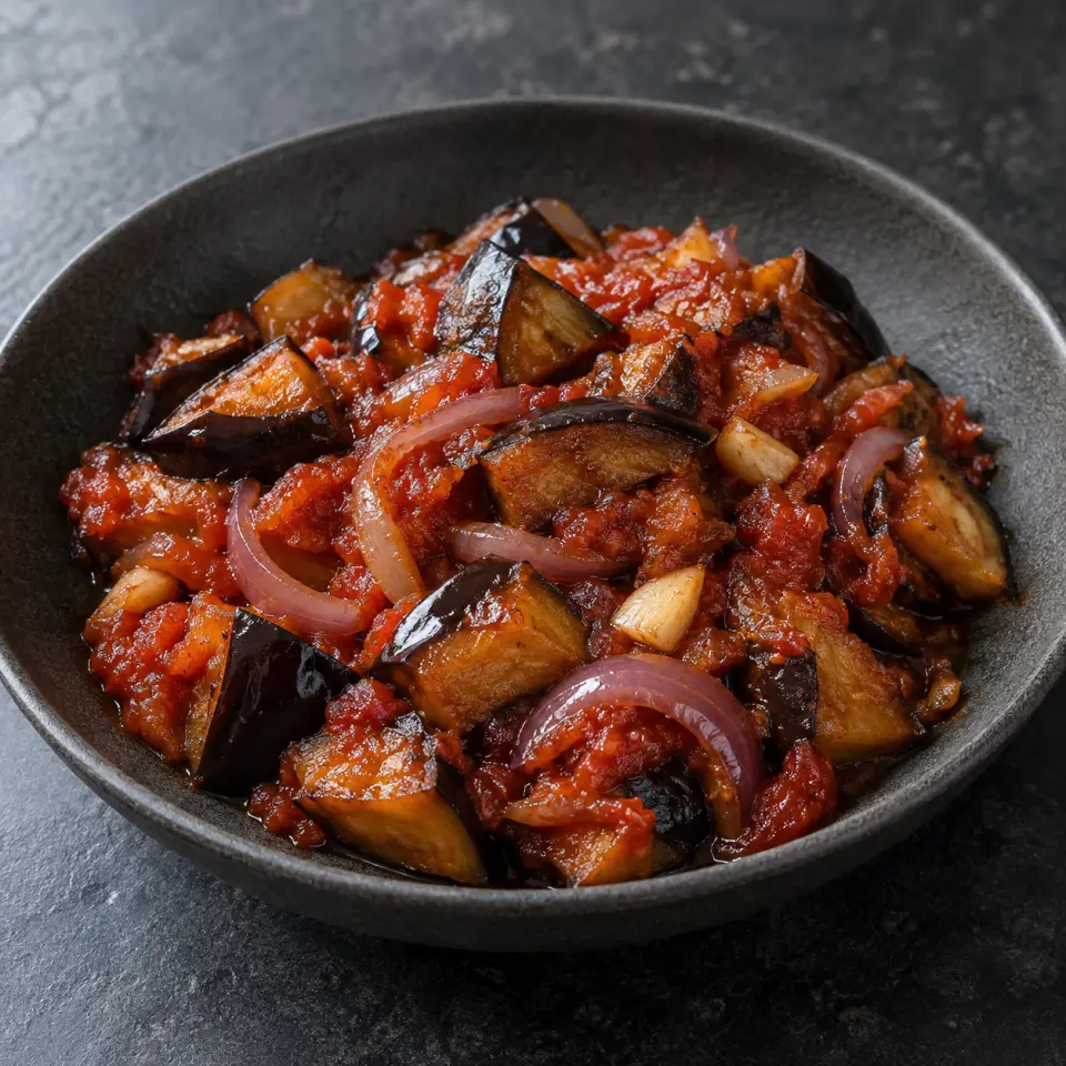 Eggplant in Caramelized Tomato on a plate on a dark stone table, made with eggplant, red onion, tomato puree, garlic.