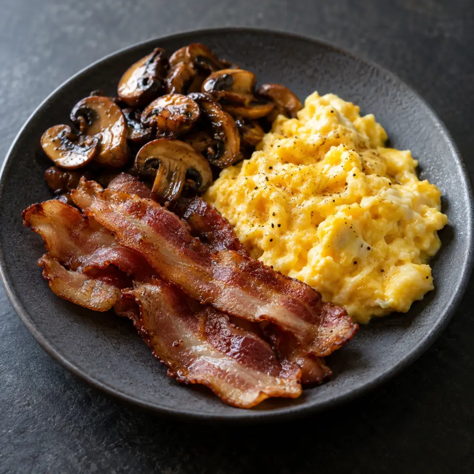 English Breakfast on a plate on a dark stone table, made with uncured bacon, egg, 1/2 inch high), butter.