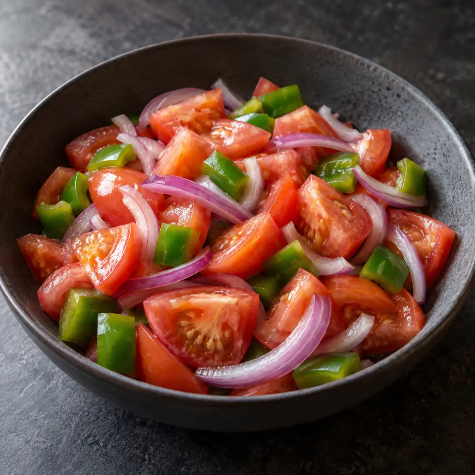 Ensaladang Kamatis in a wide bowl on a dark stone table, made with tomatoes, chopped, red onion, 2-1/2" dia).