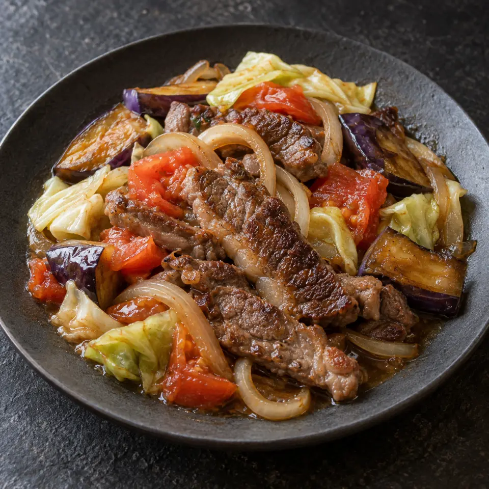 Filipino Style Steak on a plate on a dark stone table, made with ribeye steak, eggplant, tomatoes, chopped.