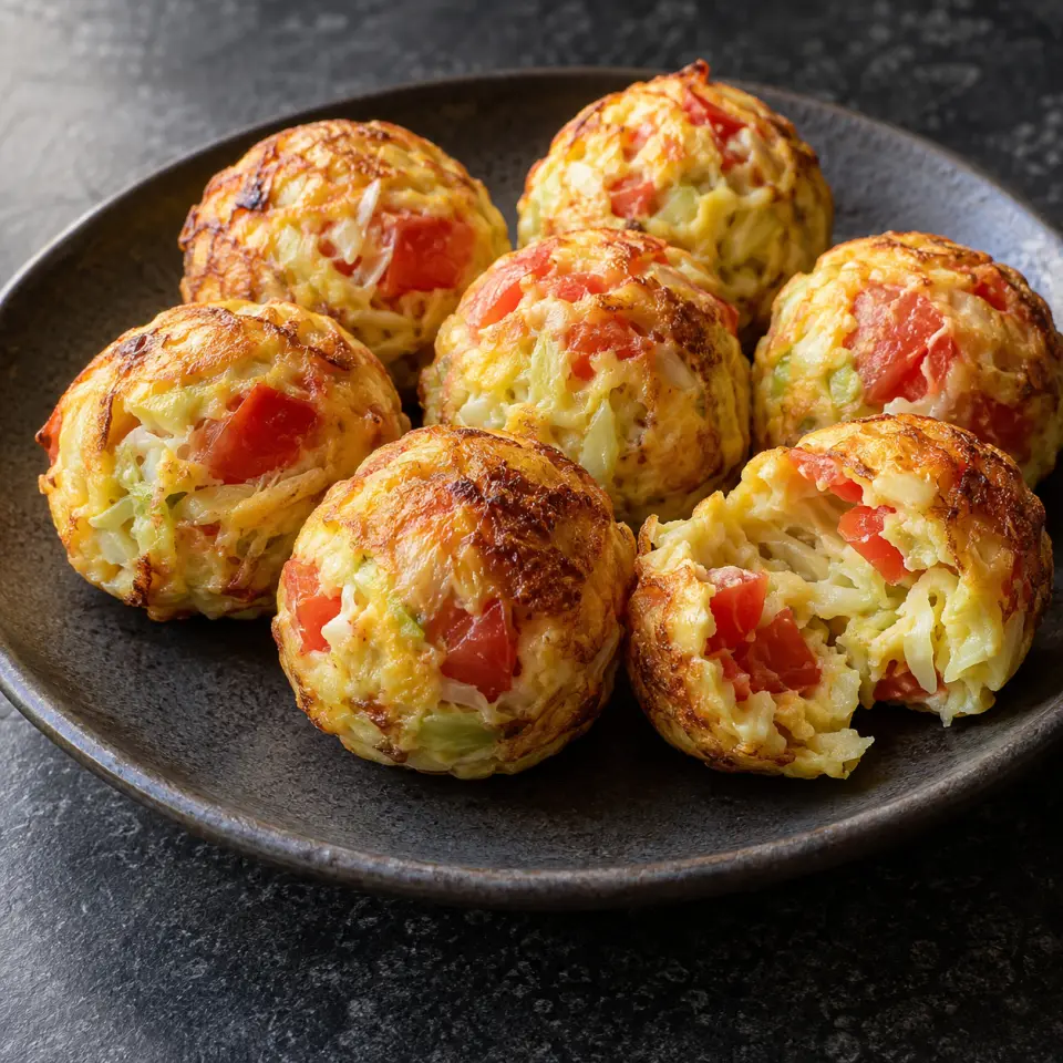 Flourless Takoyaki on a plate on a dark stone table, made with tomatoes, chopped, cabbage, egg.