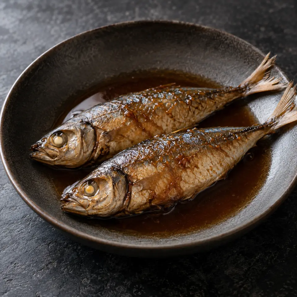 Galunggong In Coconut Aminos on a plate on a dark stone table, made with data from pacific ocean fisheries, coconut aminos.