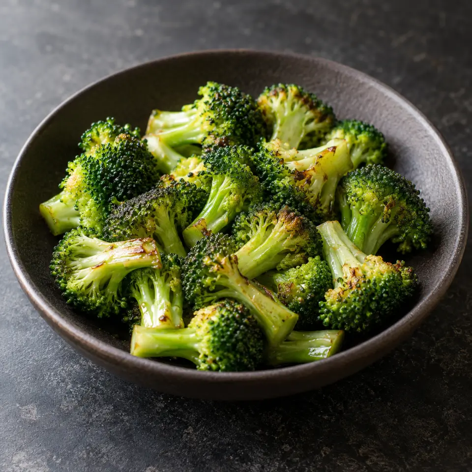 Garlic Broccoli on a plate on a dark stone table, made with broccoli head.