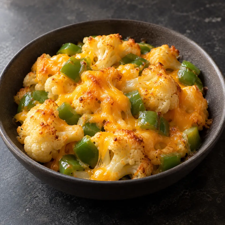 Garlic Cheddar Cauliflower on a plate on a dark stone table, made with cauliflower, capsicum - green, sharp cheddar cheese.
