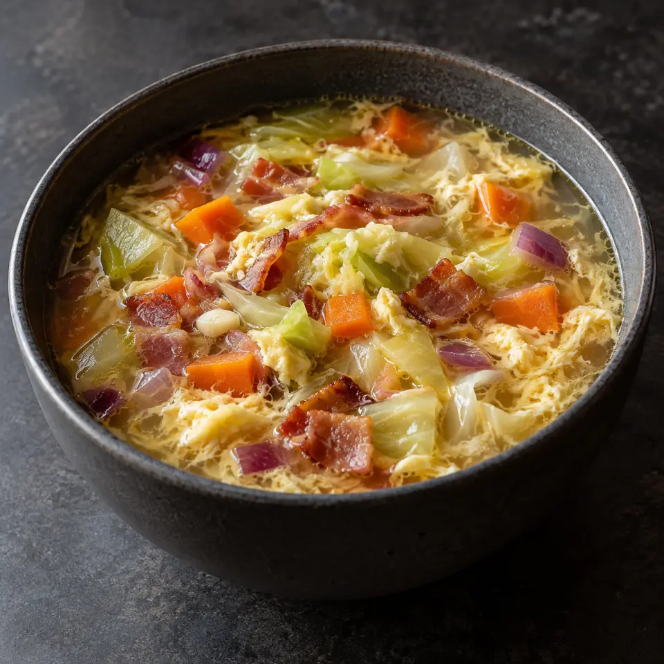 Garlic Egg Drop Bacon Soup in a bowl on a dark stone table, made with garlic, bacon honey cured, carrots, chopped .