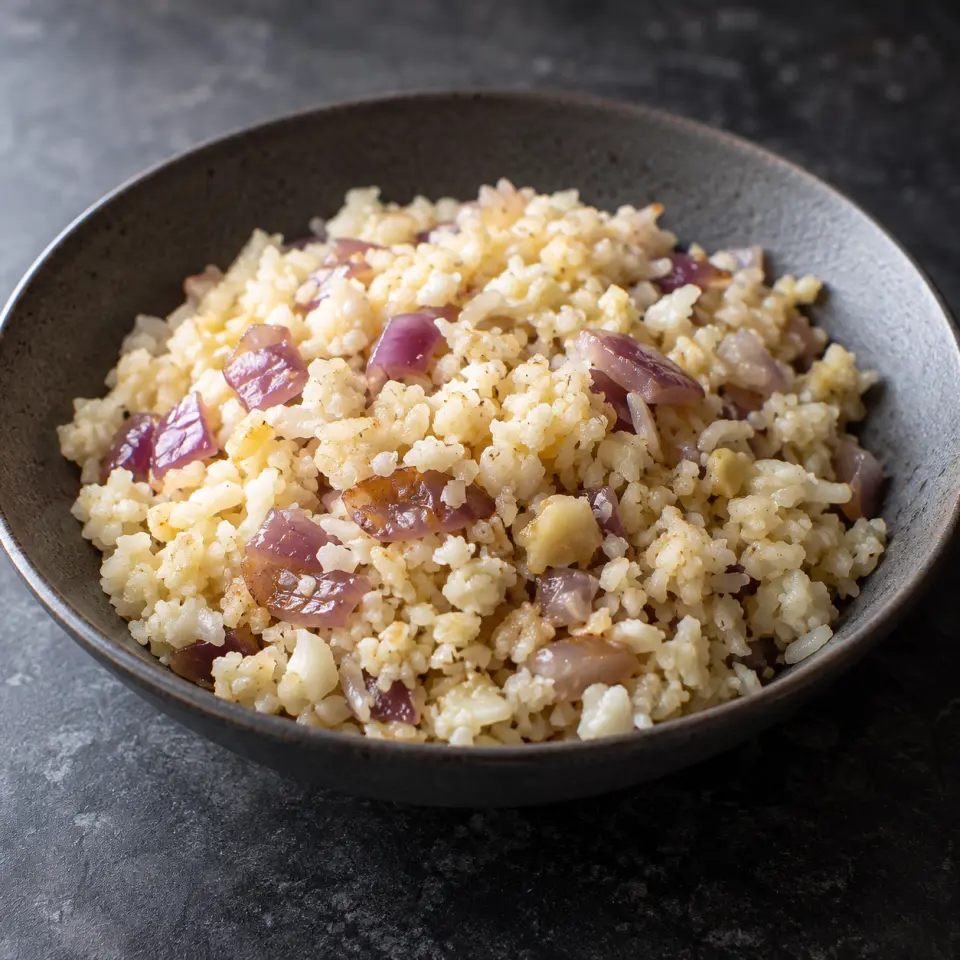 Garlic Lemony Caulirice on a plate on a dark stone table, made with cauliflower, red onion, garlic, lemon juice.