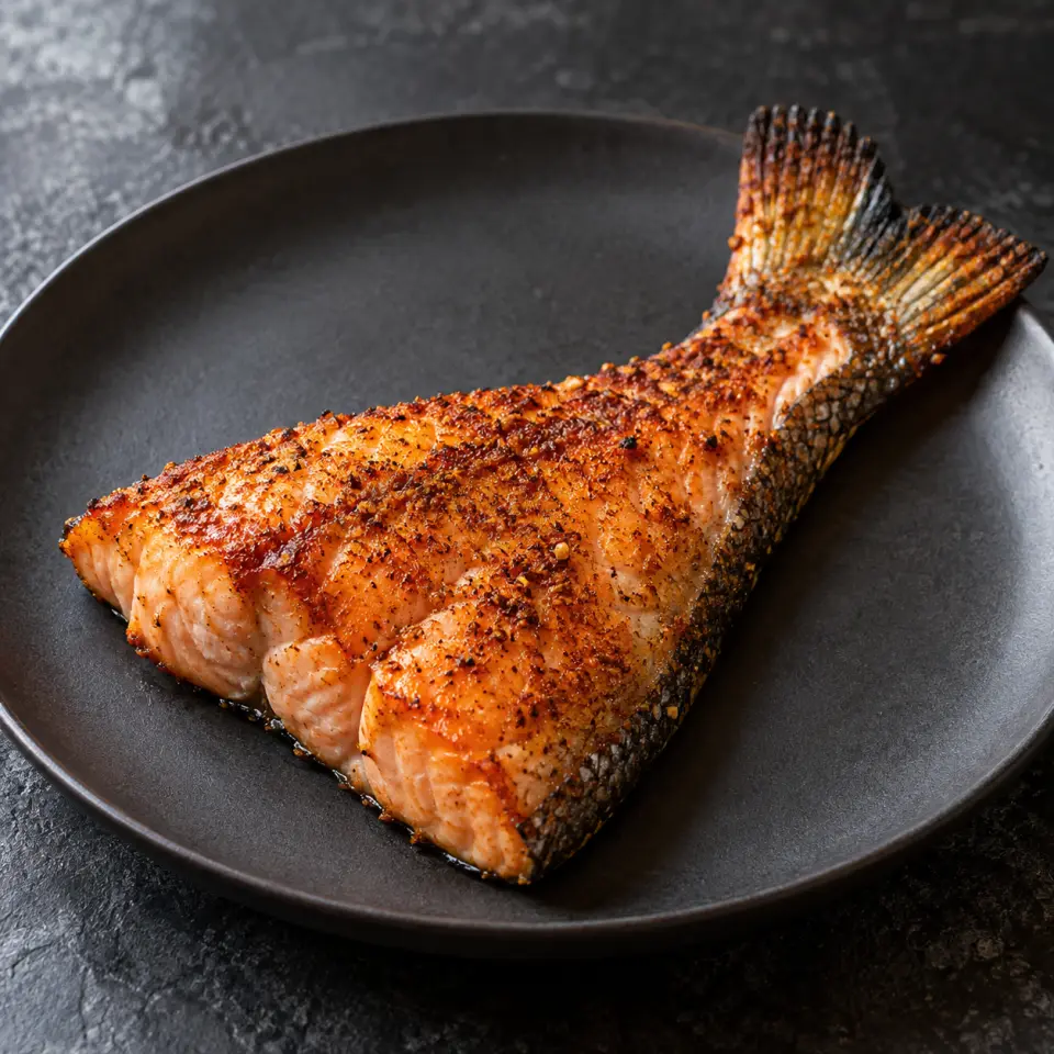 Garlic Paprika Salmon Tail on a plate on a dark stone table, made with salmon tail, mccormick.