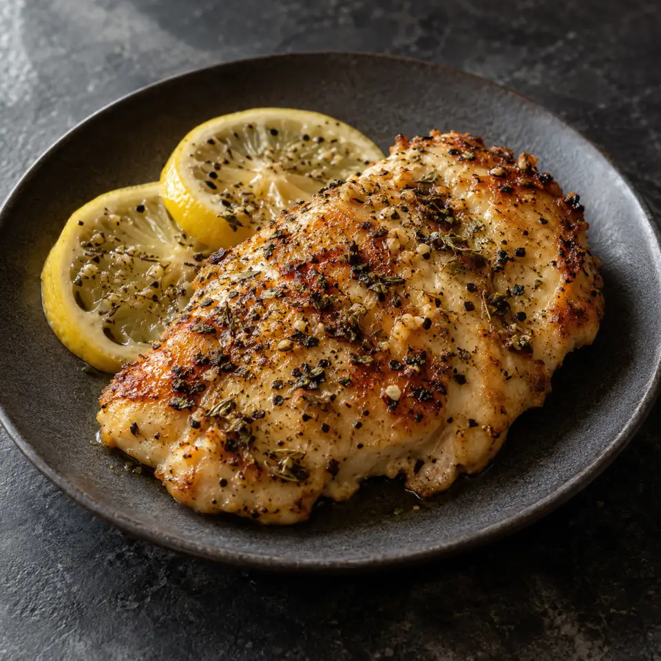 Garlic Pepper Lemon Chicken on a plate on a dark stone table, made with lemon, ground, basil, dried.