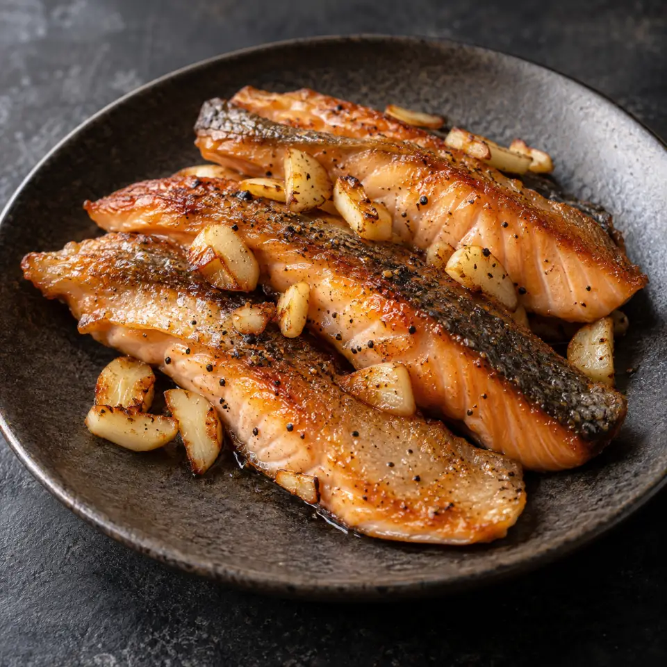 Garlic Pepper Salmon Belly on a plate on a dark stone table, made with belly, garlic.