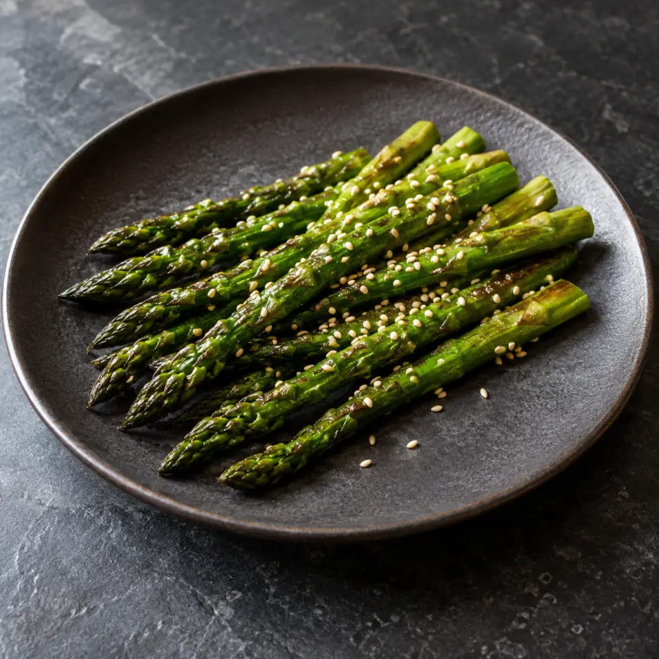 Garlic Sesame Asparagus on a plate on a dark stone table, made with asparagus, seeds, sesame seeds, whole.