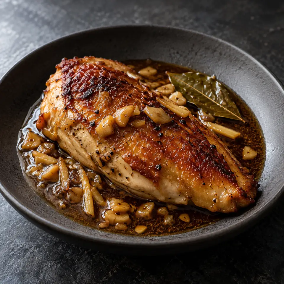 Garlic Soy Chicken Breast on a plate on a dark stone table, made with chicken breast, with skin, garlic, coconut aminos.