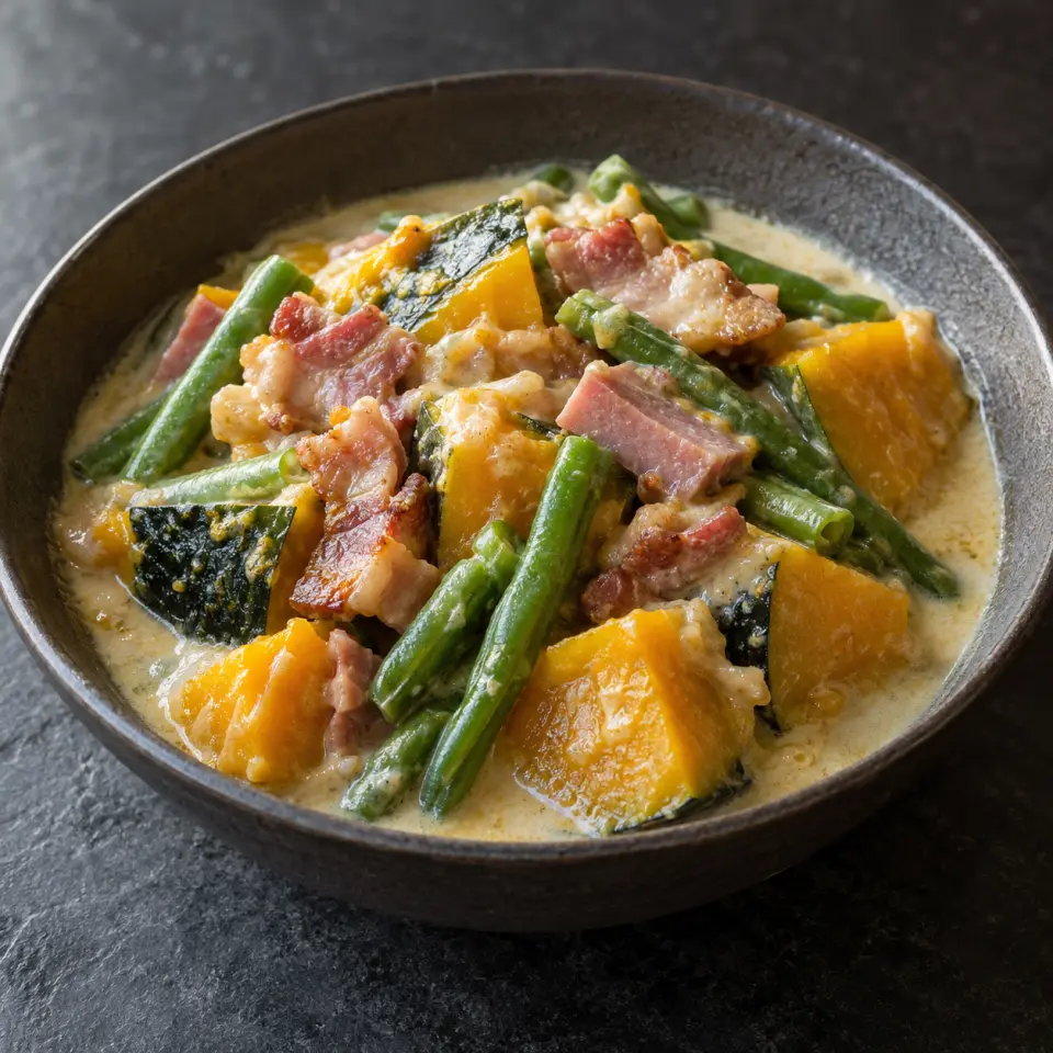 Ginataang Kalabasa on a plate on a dark stone table, made with uncured bacon, kabocha squash, green string beans, coconut cream.