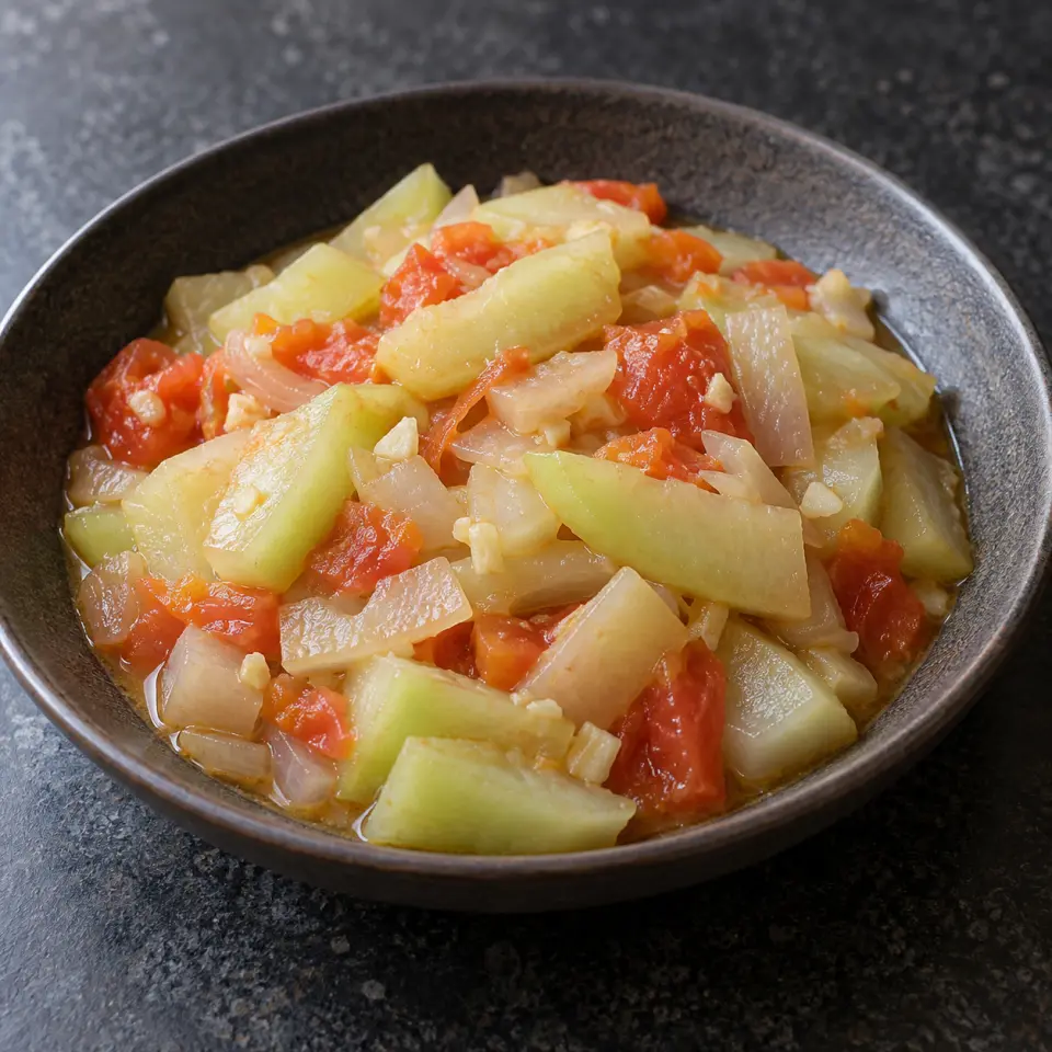 Ginisang Upo on a plate on a dark stone table, made with un, tomatoes, onion, garlic.
