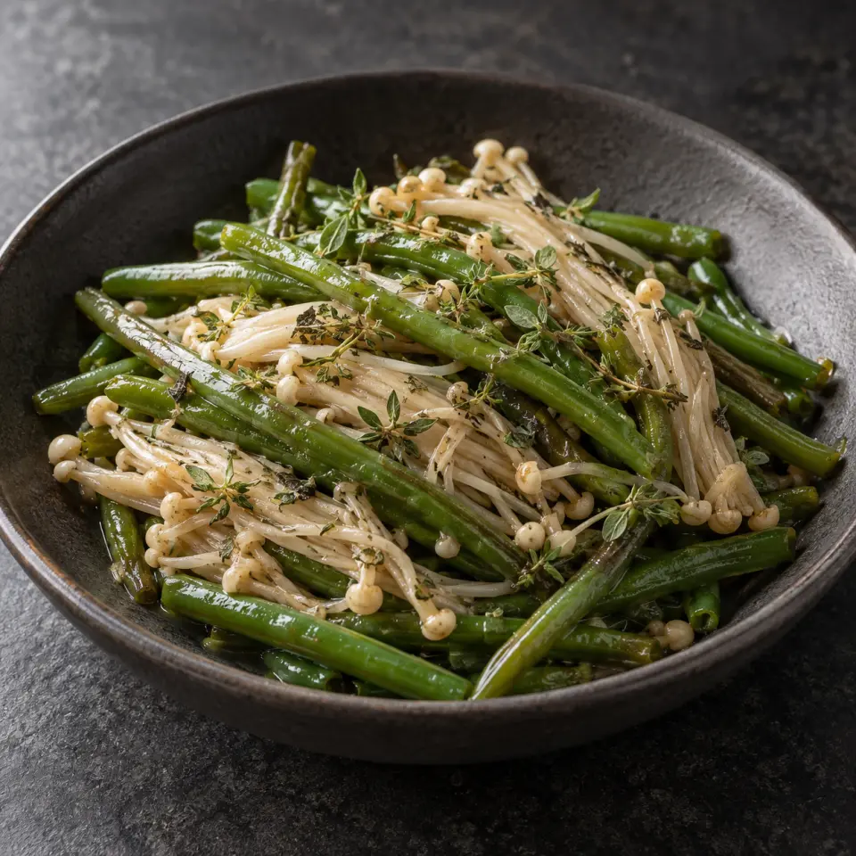 Glazed String Bean Mushroom on a plate on a dark stone table, made with string beans, mushrooms, enoki, thyme.