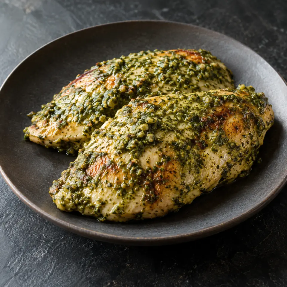 Gourmet Pesto Chicken on a plate on a dark stone table, made with all purpose pesto, fillets, lemon juice.