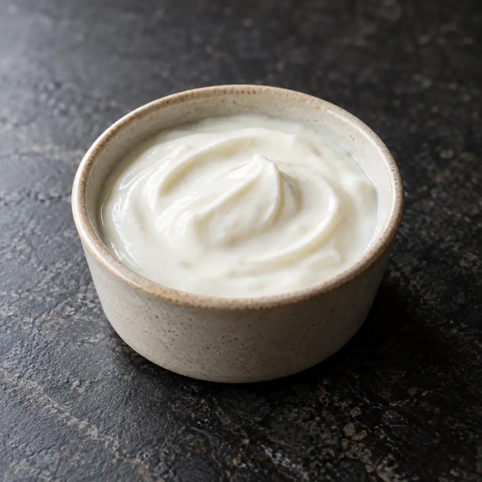 Greek Yogurt Vinaigrette in a small jar on a dark stone table, made with greek yogurt, plain.
