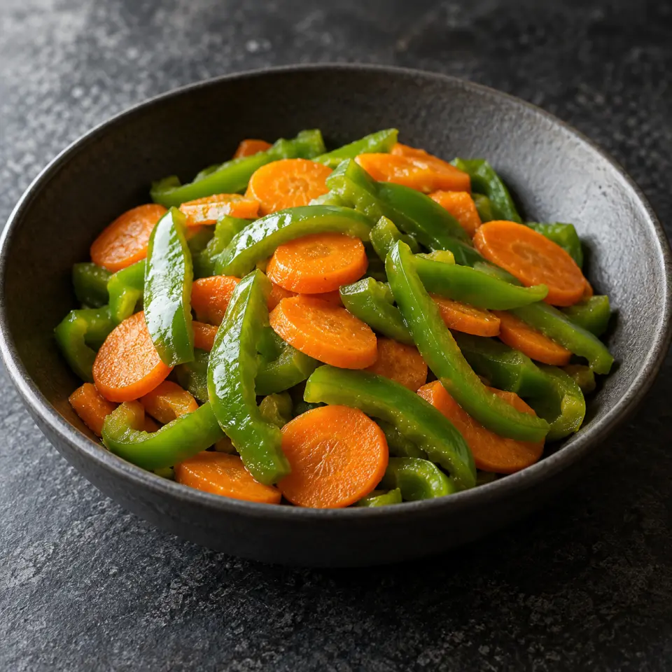 Green Bellpepper and Carrot on a plate on a dark stone table, made with carrots, capsicum - green.