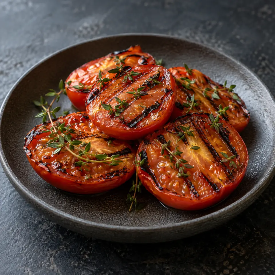Grilled Tomato Thyme on a plate on a dark stone table, made with tomatoes, thyme.