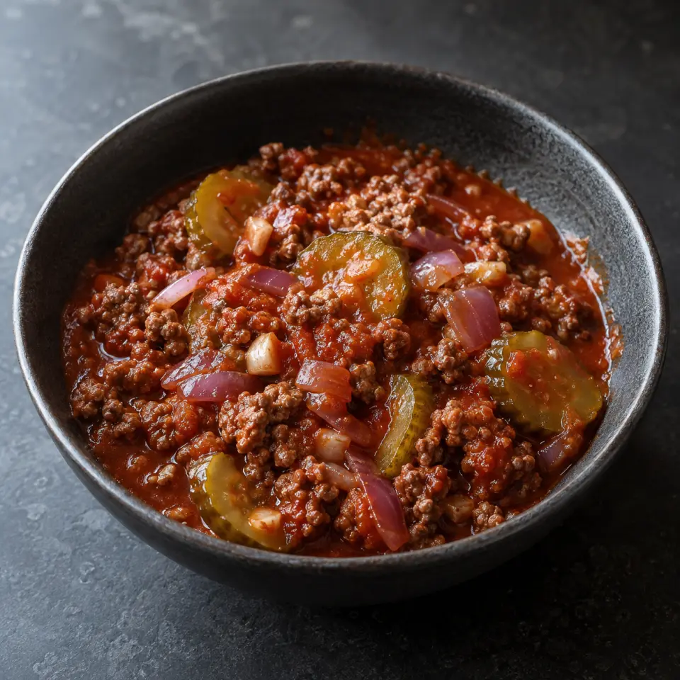 Ground Beef Caldereta in a bowl on a dark stone table, made with ground beef, garlic, sweet pickle chips, red onion.