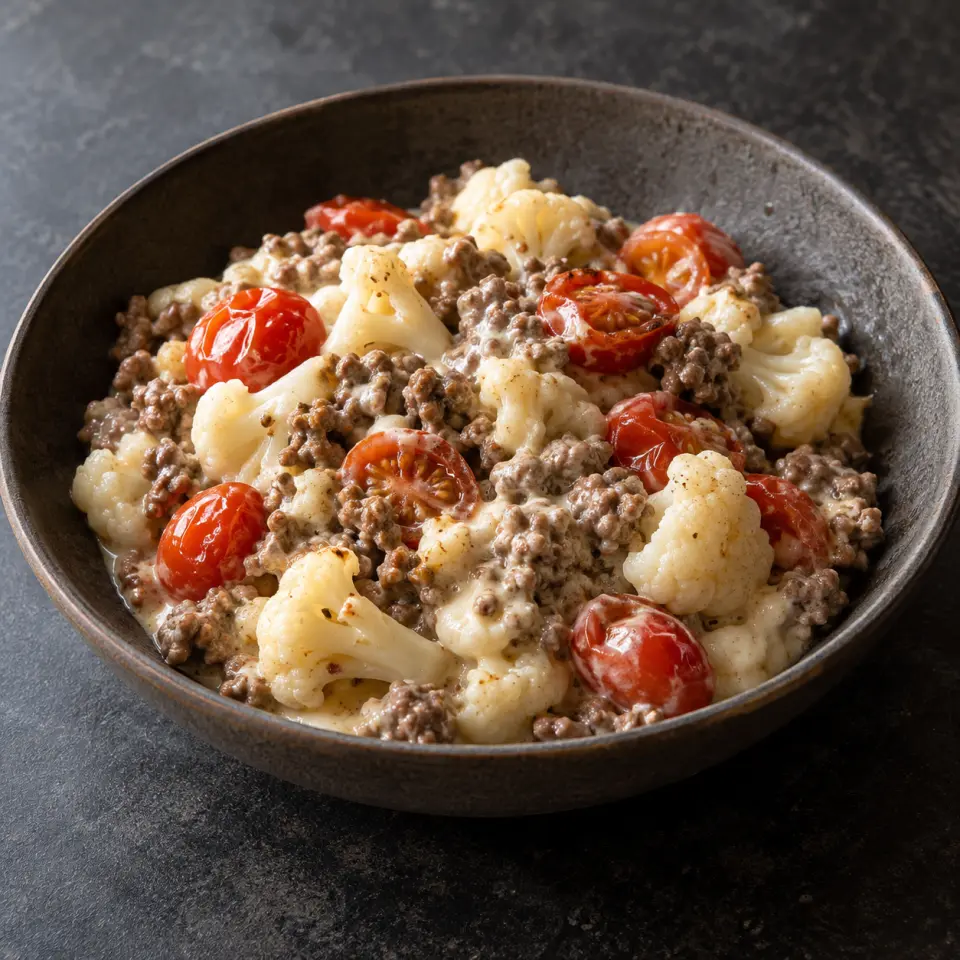 Ground Beef with Cheese on a plate on a dark stone table, made with cauliflower, ground beef, cherry tomato - garden, lemon juice.