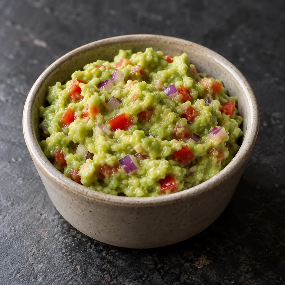 Guacamole in a small jar on a dark stone table, made with mashed or pureed , avocado, red onion, red capsicum.